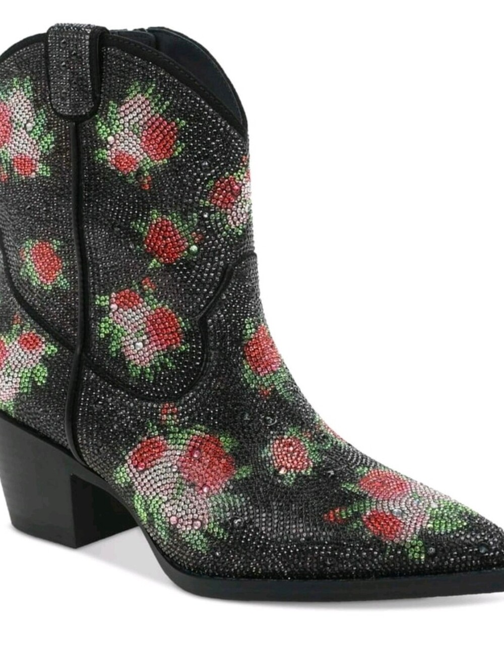 Wild Pair Black Floral Crystal Western Ankle Boot
